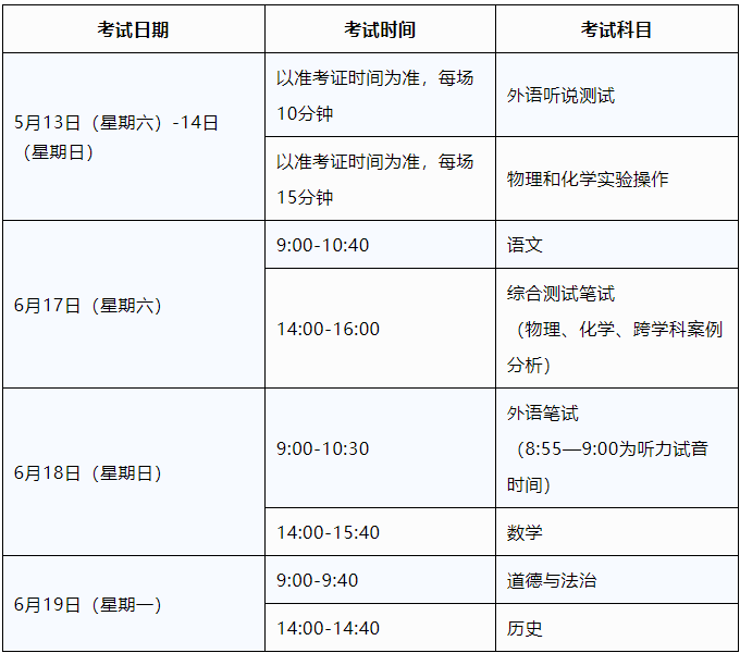 2023年初中学业水平考试时间安排