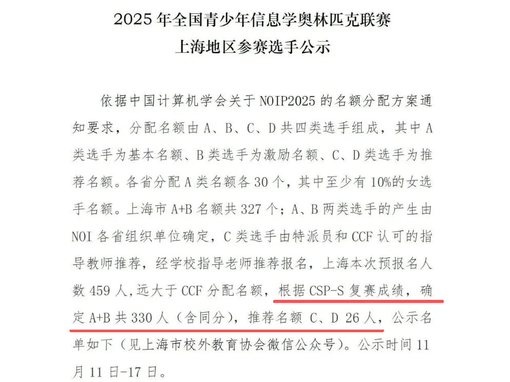 曹二人数遥遥领先！NOIP信奥赛上海市入围名单出炉